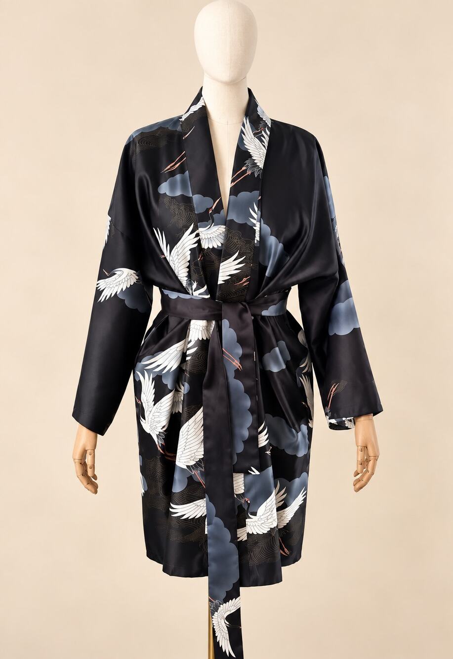 Vintage Marukyo Tokyo Japanese Crane Satin Kimono Robe Black Made in Japan